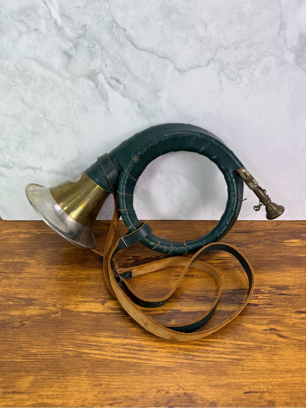 Vintage Furst-Pless Hunting Horn Brass Leather Wrapped German Bugle w/ Strap